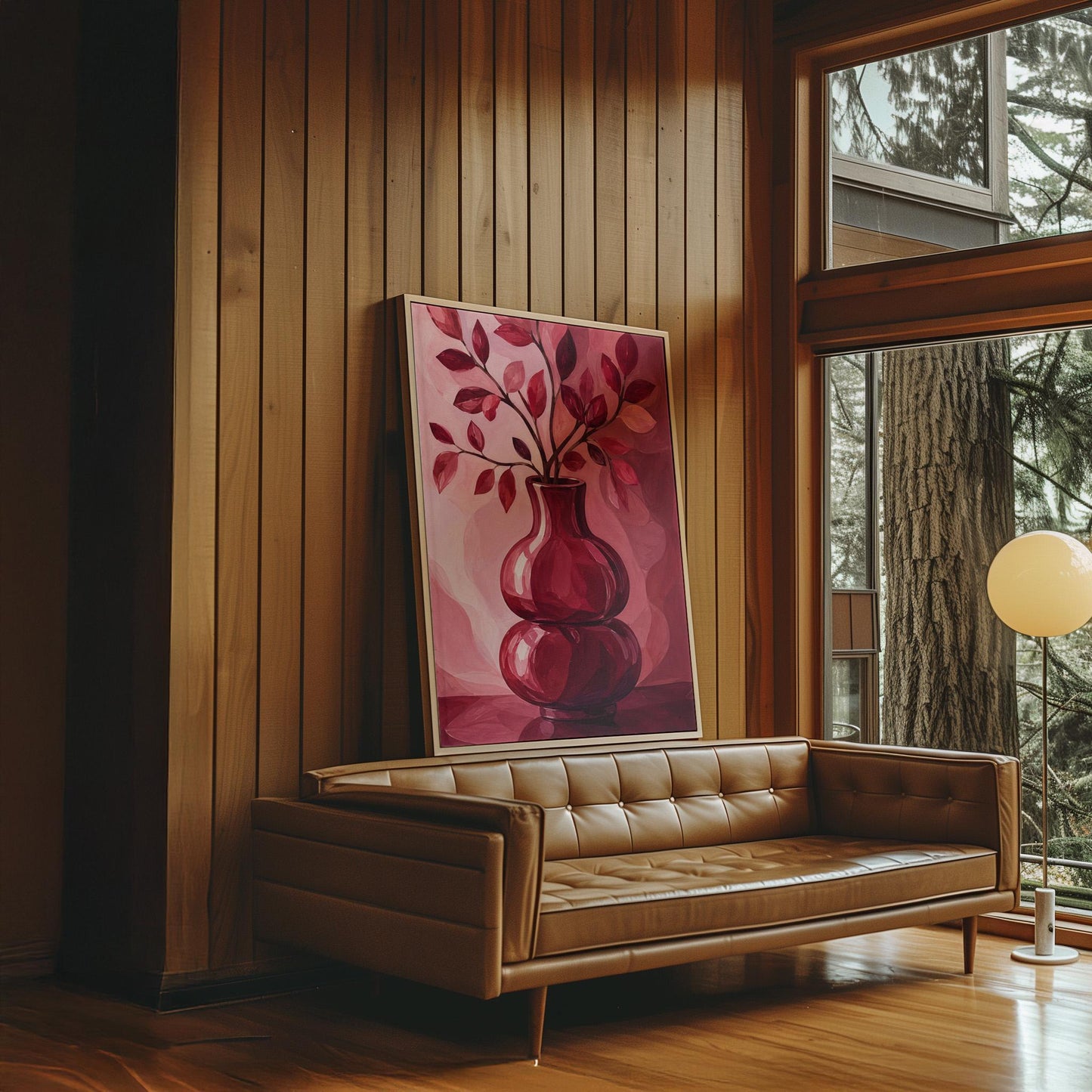 Curvy red vase with leafy branch in burgundy tones, canvas print shown in a sunlit, contemporary room