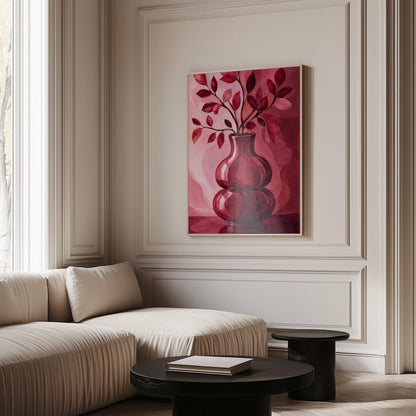 Curvy red vase with leafy branch in burgundy tones, canvas wall art hanging in a calm, modern living space
