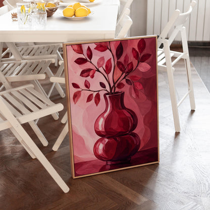 Curvy red vase with leafy branch in burgundy tones, canvas print styled against a soft white wall