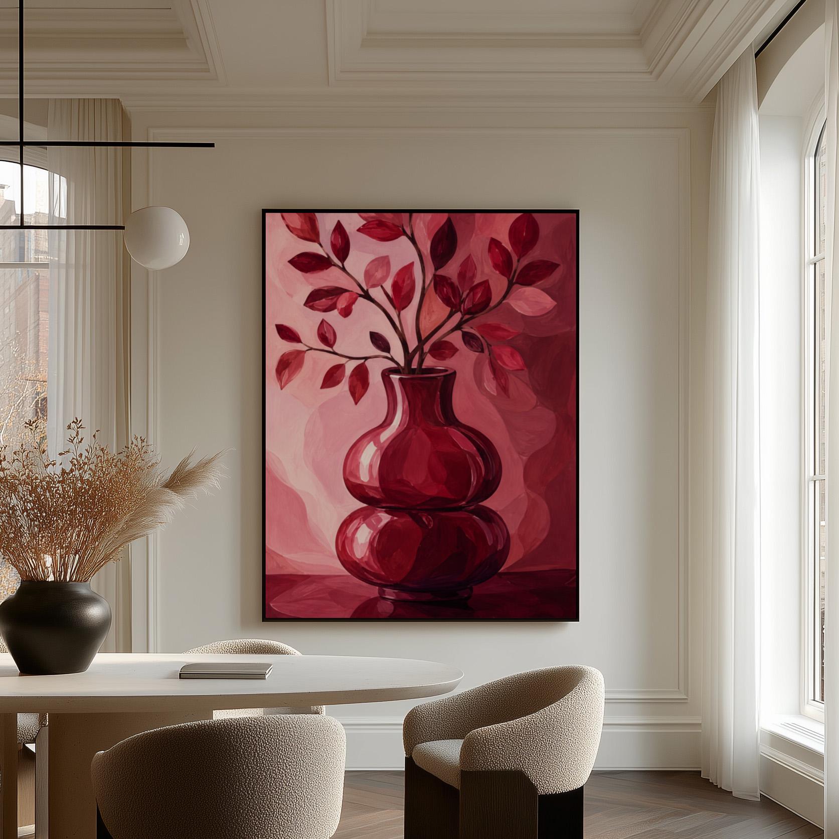 Curvy red vase with leafy branch in burgundy tones, canvas wall art on a quiet wall in a considered interior