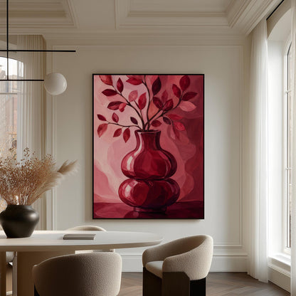 Curvy red vase with leafy branch in burgundy tones, canvas wall art on a quiet wall in a considered interior