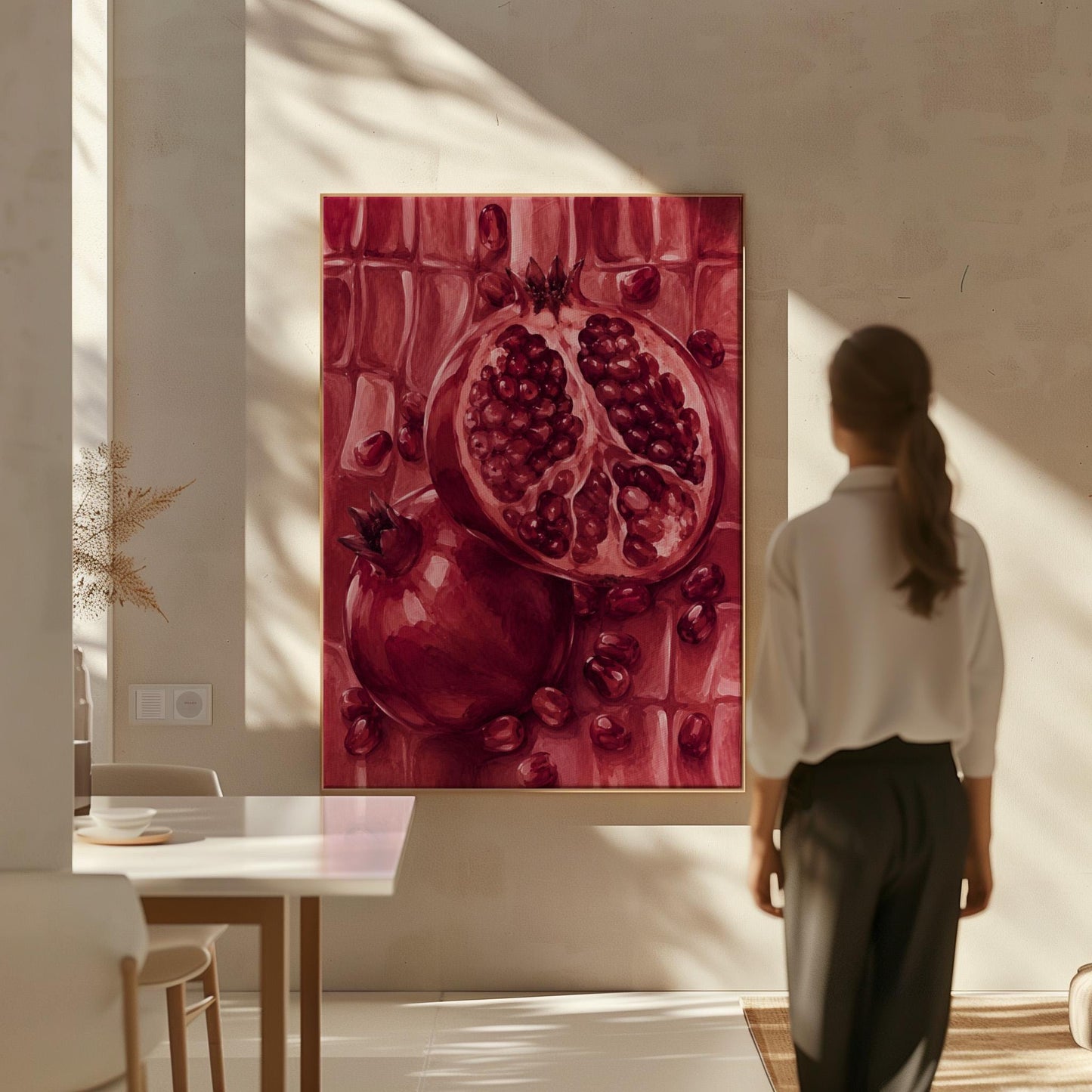 Open pomegranate with ruby seeds in burgundy tones, canvas wall art styled against a soft white wall