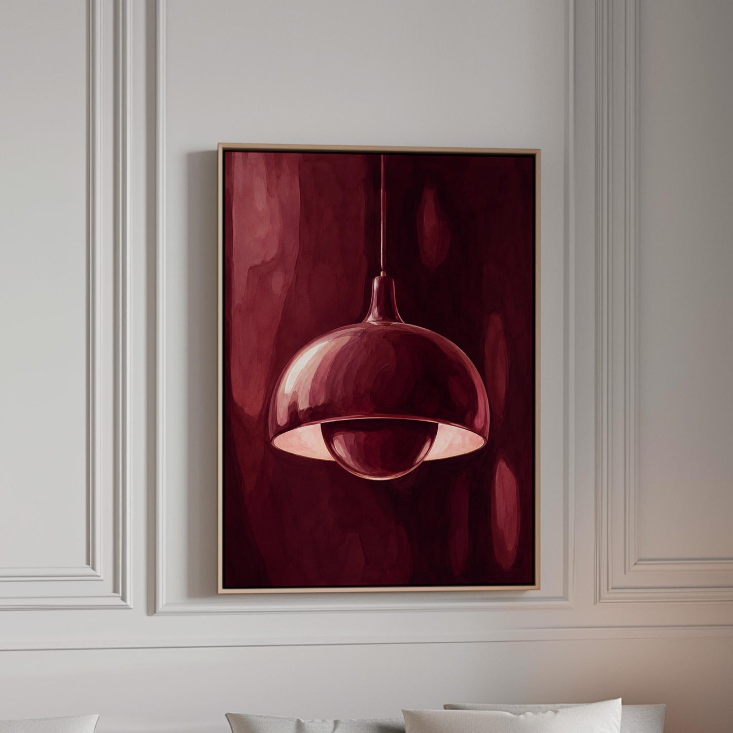 Pendant lamp glowing warmly against burgundy darkness, canvas print in a bright room with natural daylight