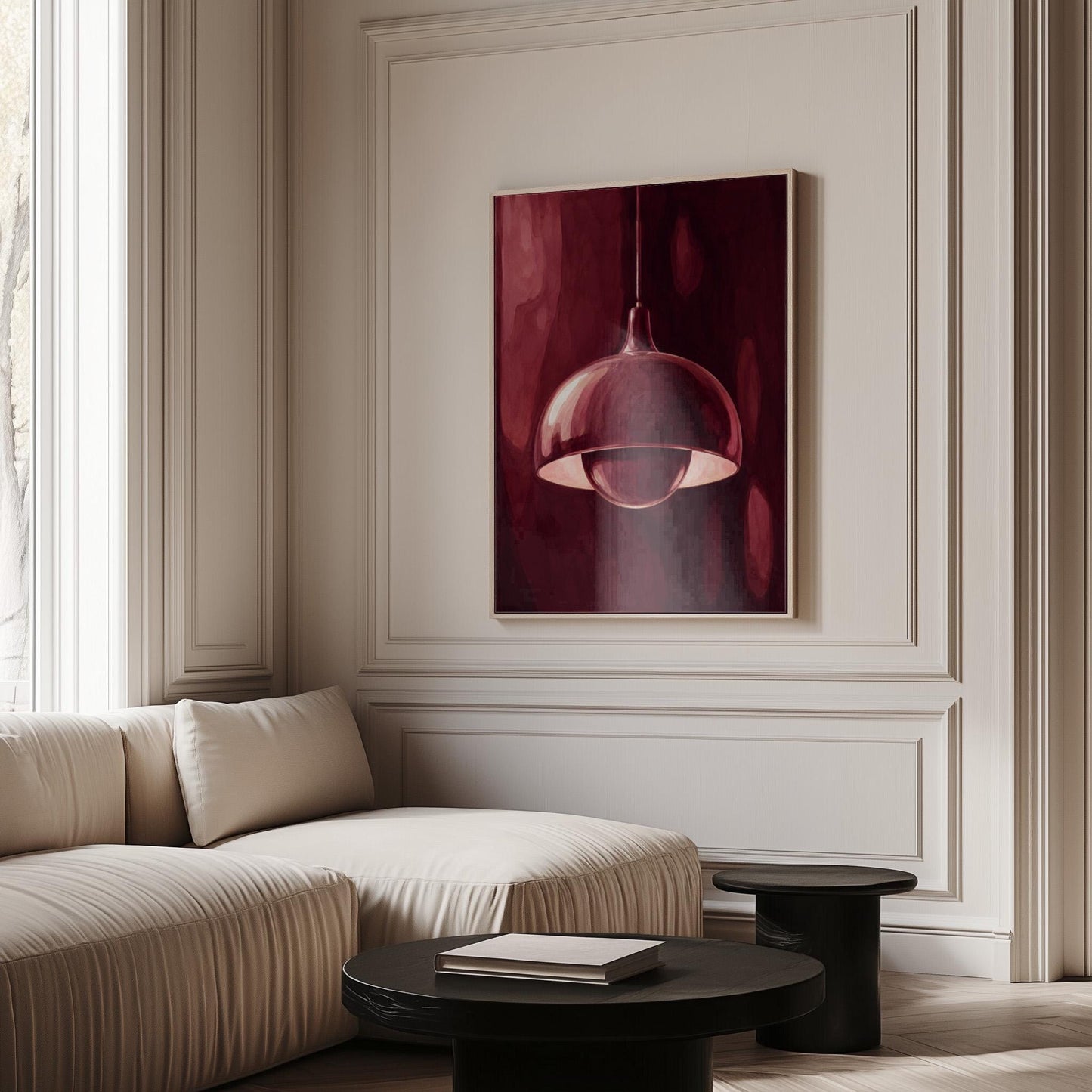 Pendant lamp glowing warmly against burgundy darkness, canvas print shown to scale in a furnished room