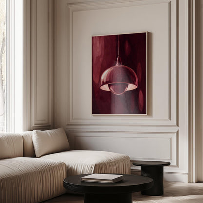 Pendant lamp glowing warmly against burgundy darkness, canvas print shown to scale in a furnished room