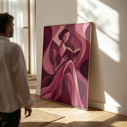 Woman reading a book among flowing burgundy drapes, canvas print seen in a warm interior with natural light