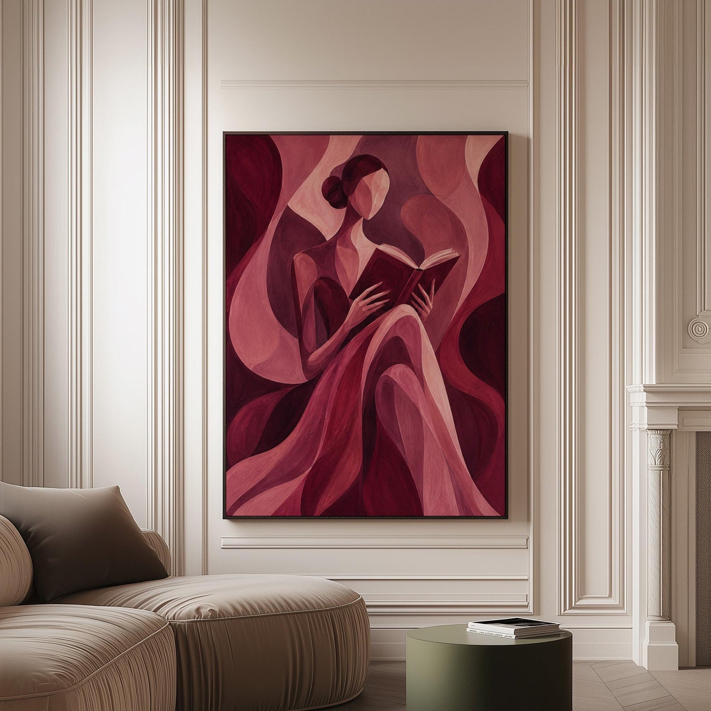 Woman reading a book among flowing burgundy drapes, canvas print on a softly lit wall in a calm interior