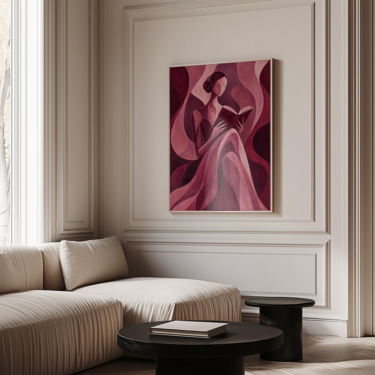 Woman reading a book among flowing burgundy drapes, canvas print shown to scale in a furnished room