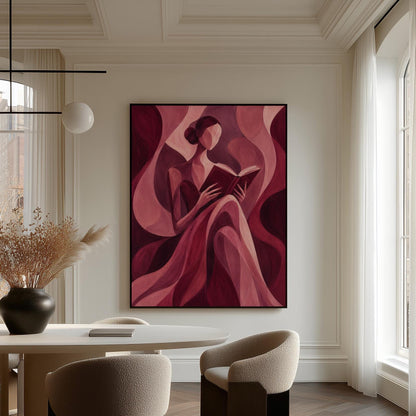 Woman reading a book among flowing burgundy drapes, canvas print displayed on a neutral wall in a styled interior