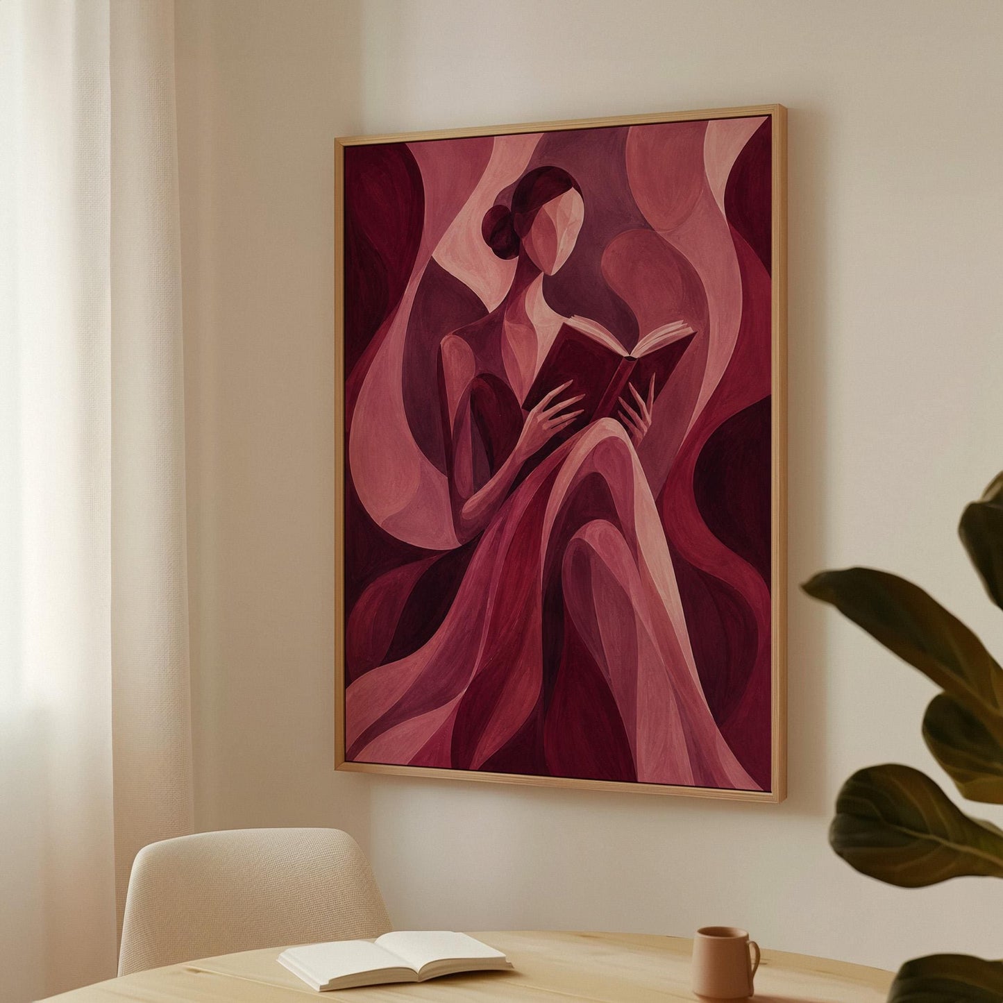 Woman reading a book among flowing burgundy drapes, canvas print shown in a sunlit, contemporary room