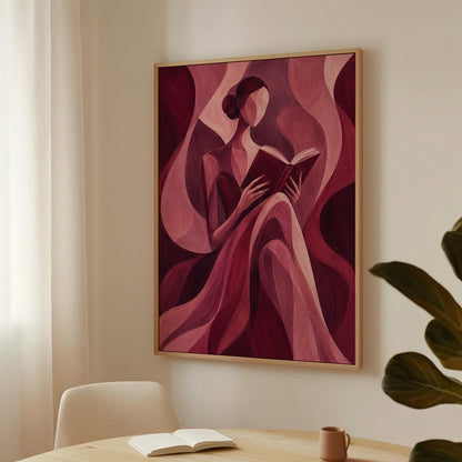 Woman reading a book among flowing burgundy drapes, canvas print shown in a sunlit, contemporary room