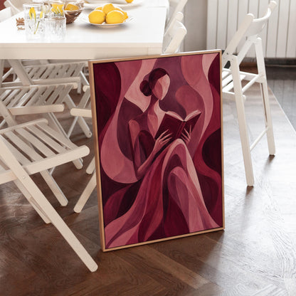 Woman reading a book among flowing burgundy drapes, canvas print on a quiet wall in a considered interior