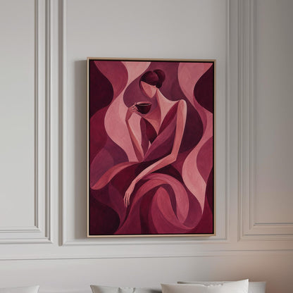 Woman sipping coffee among soft burgundy waves, canvas print in a bright room with natural daylight