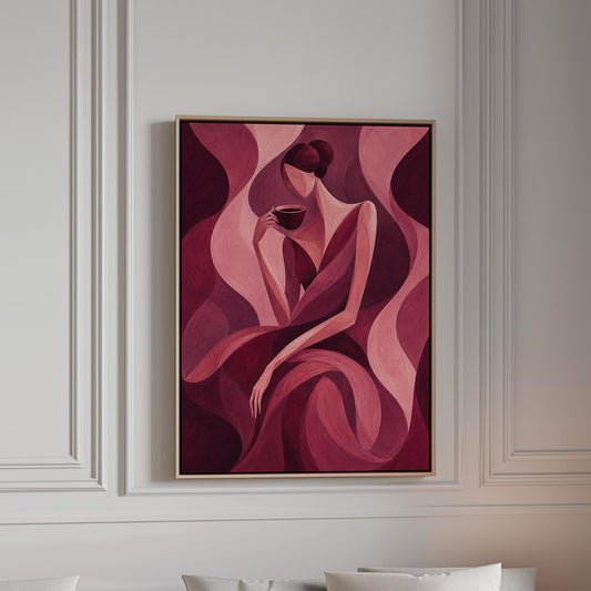 Woman sipping coffee among soft burgundy waves, canvas print in a bright room with natural daylight