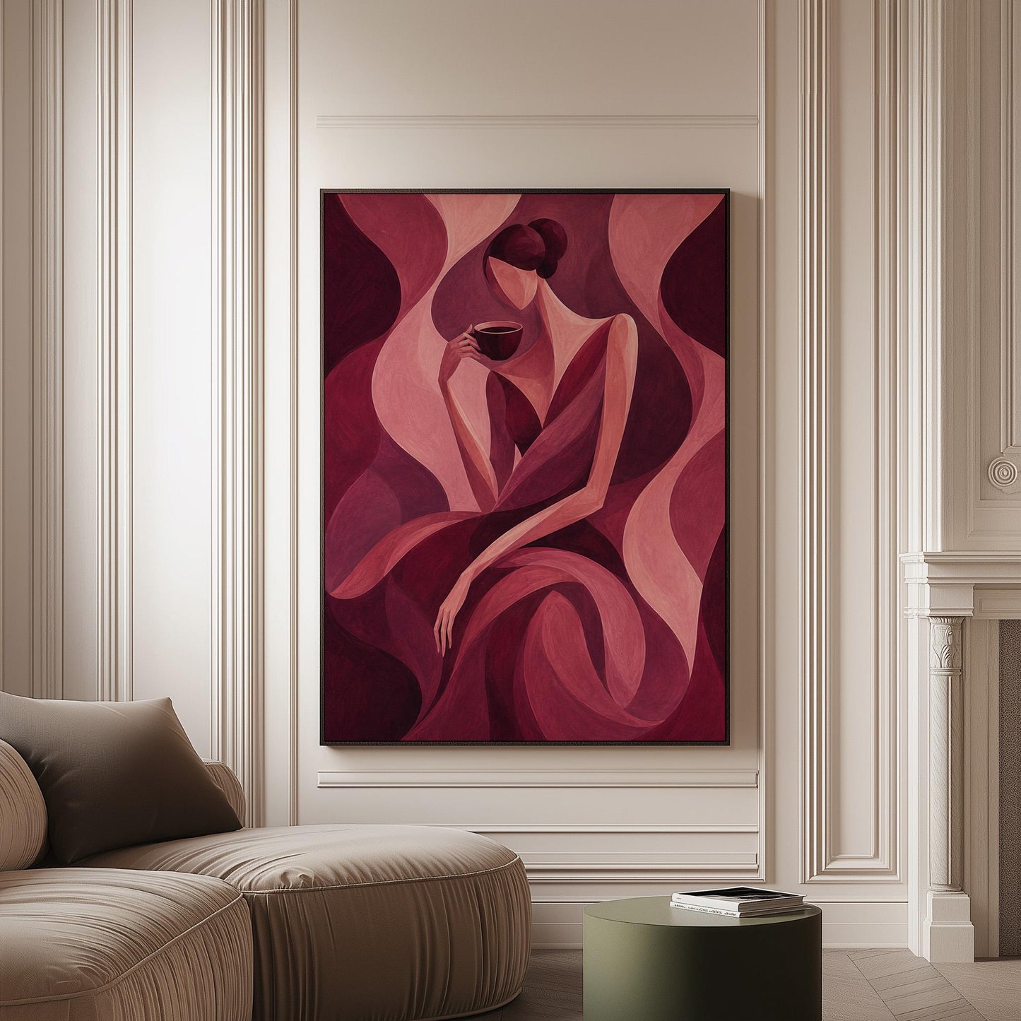 Woman sipping coffee among soft burgundy waves, canvas print on a softly lit wall in a calm interior