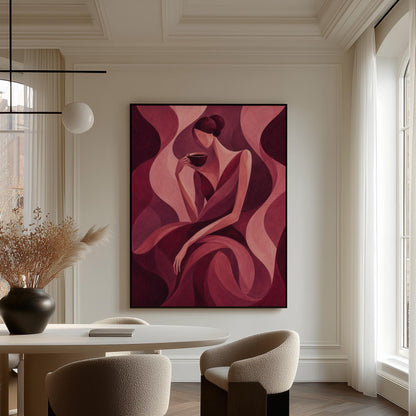 Woman sipping coffee among soft burgundy waves, canvas print on a quiet wall in a considered interior