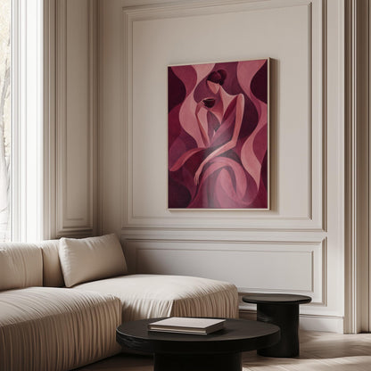 Woman sipping coffee among soft burgundy waves, canvas wall art hanging in a calm, modern living space