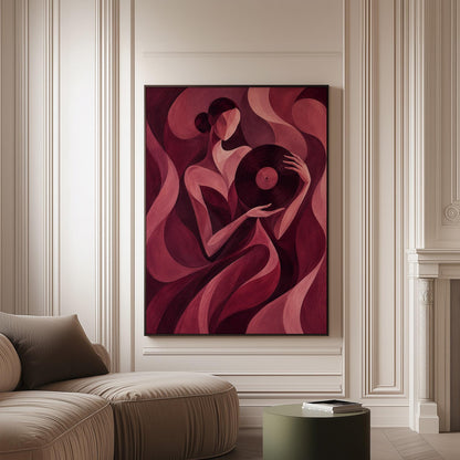 Woman holding vinyl record in burgundy deco style, canvas print on a softly lit wall in a calm interior