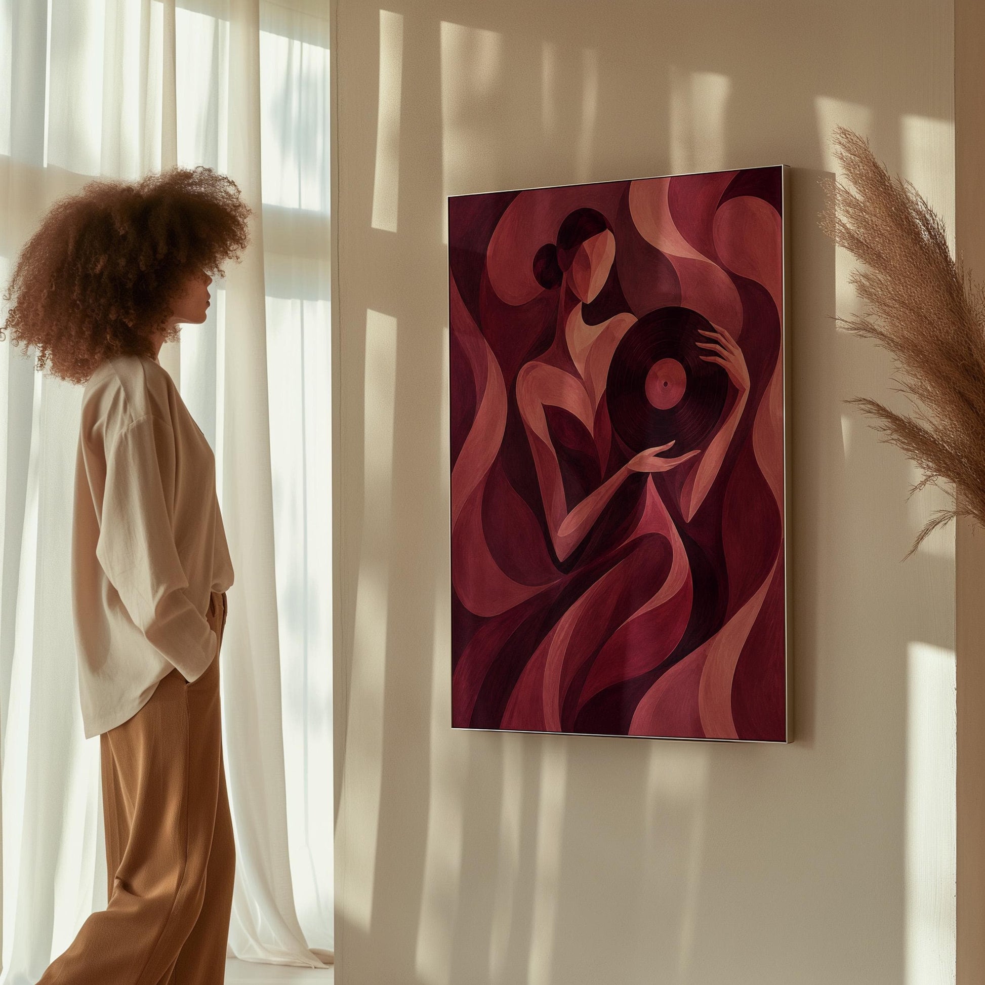 Woman holding vinyl record in burgundy deco style, canvas print on a quiet wall in a considered interior
