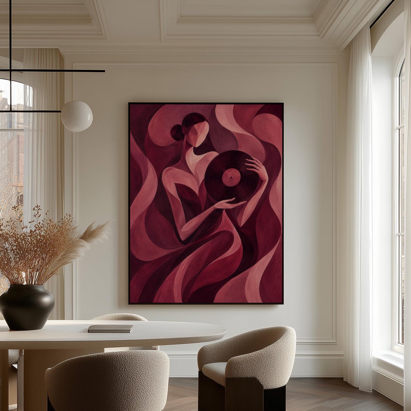 Woman holding vinyl record in burgundy deco style, canvas print shown to scale in a furnished room