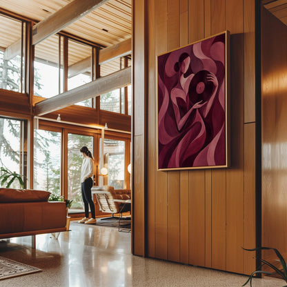 Woman holding vinyl record in burgundy deco style, canvas print displayed on a neutral wall in a styled interior