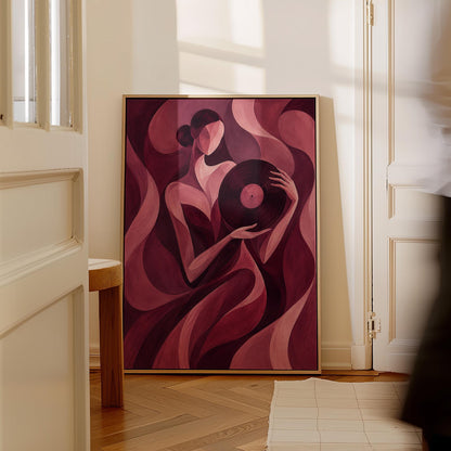 Woman holding vinyl record in burgundy deco style, canvas print shown in a sunlit, contemporary room