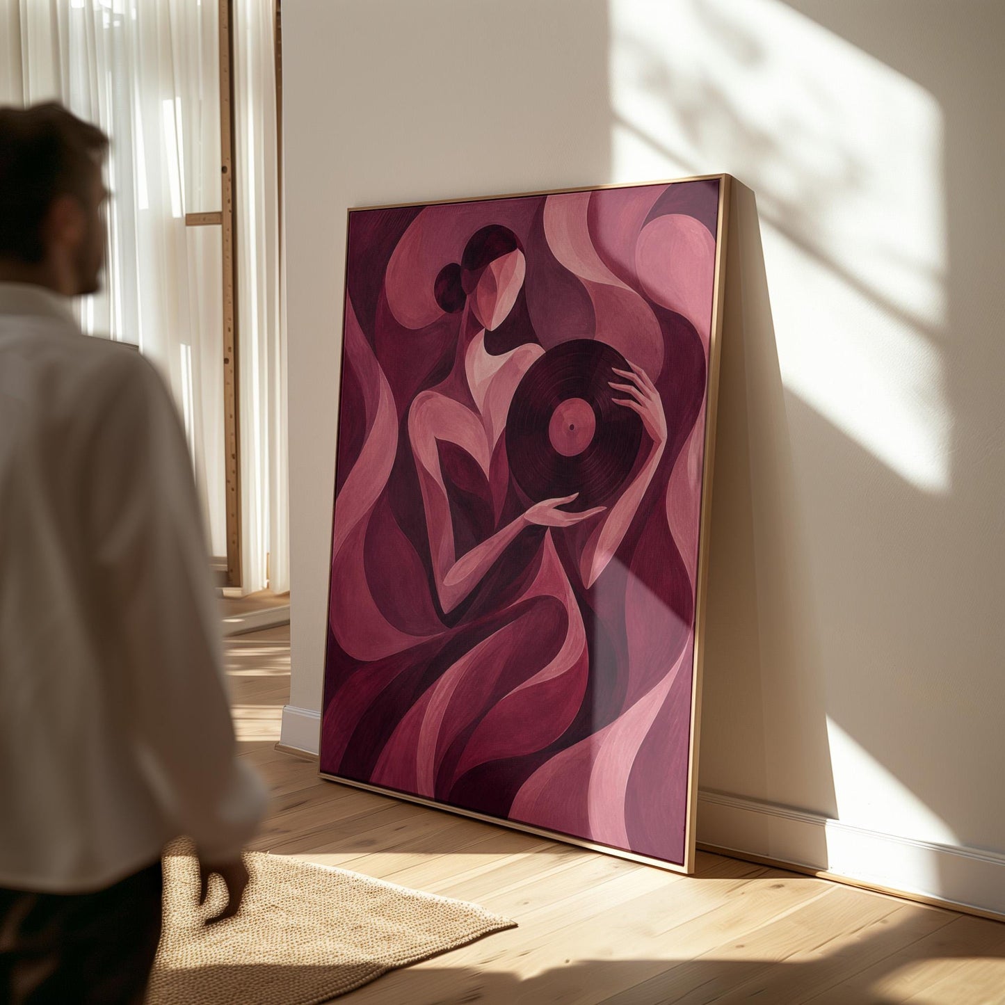Woman holding vinyl record in burgundy deco style, canvas wall art styled against a soft white wall