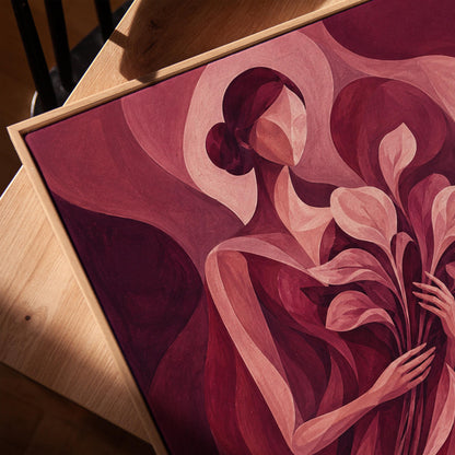 Woman holding tulips among burgundy waves, canvas print in a warm, minimally styled interior