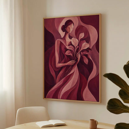 Woman holding tulips among burgundy waves, canvas print styled against a soft white wall