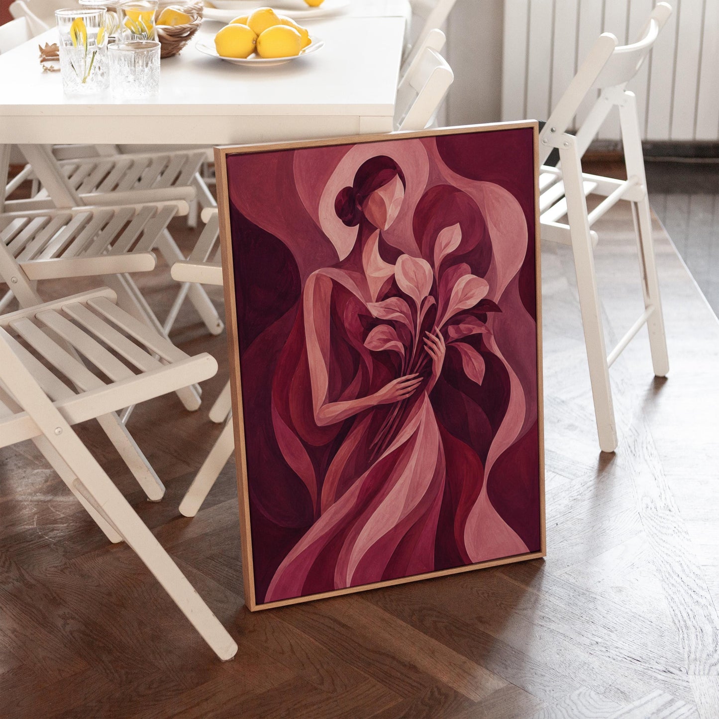 Woman holding tulips among burgundy waves, canvas print on a quiet wall in a considered interior