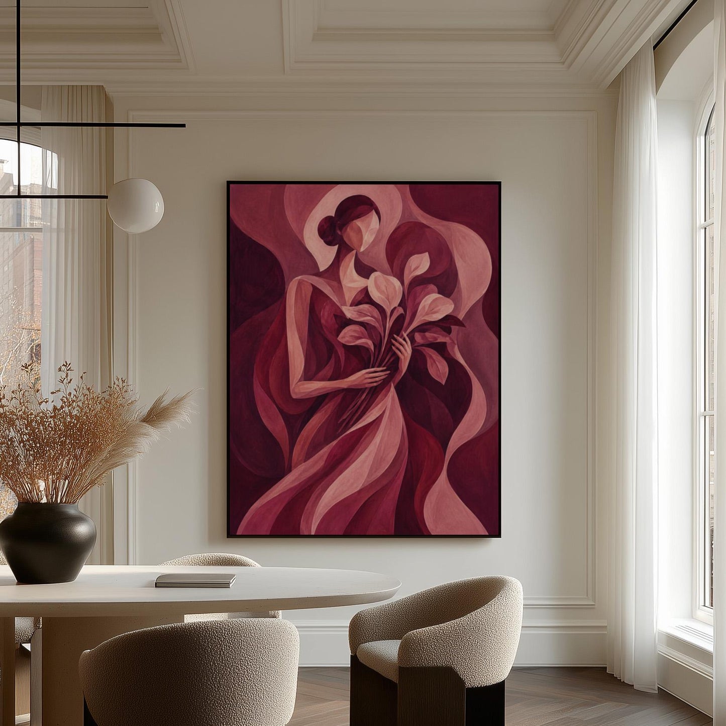 Woman holding tulips among burgundy waves, canvas print shown to scale in a furnished room