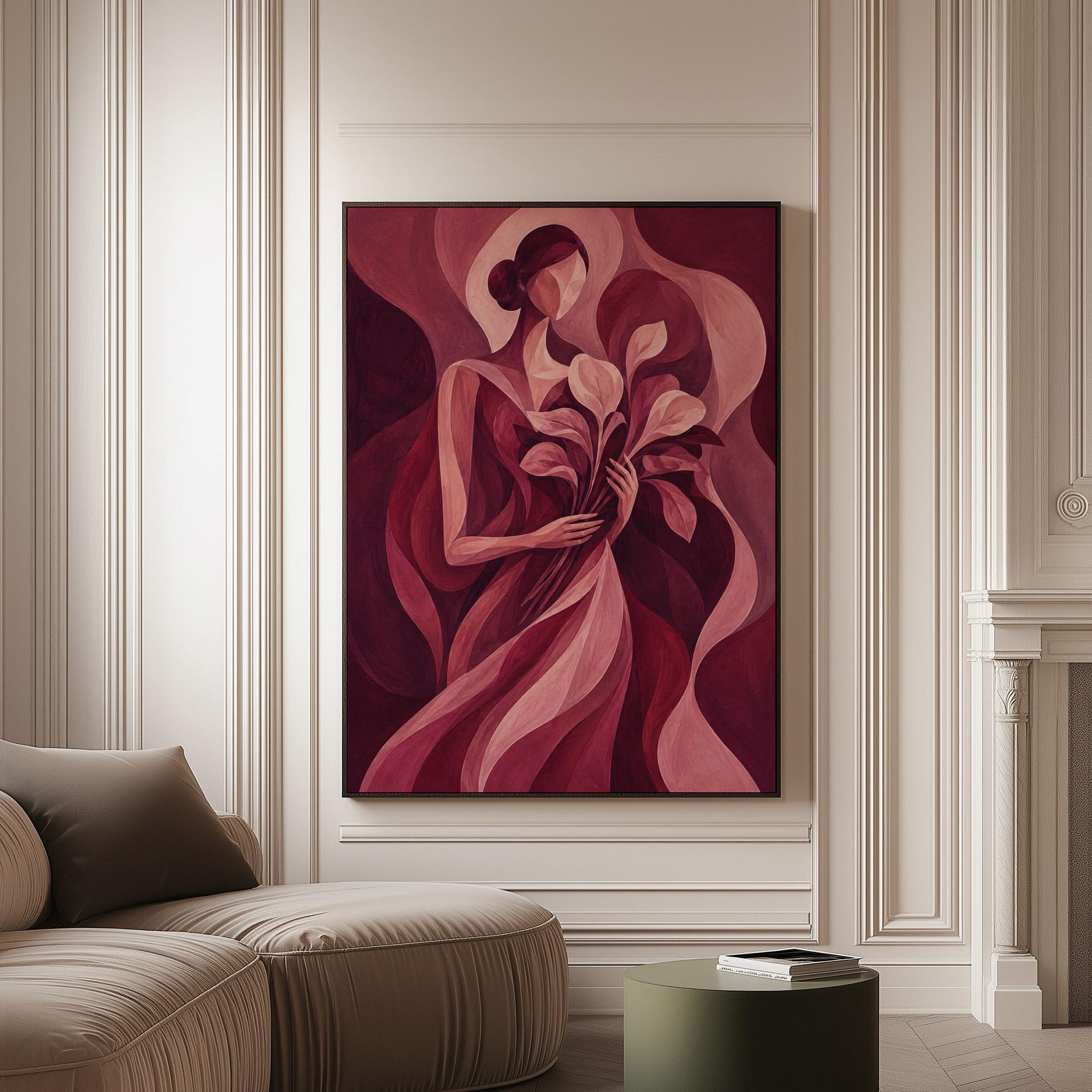 Woman holding tulips among burgundy waves, canvas print on a softly lit wall in a calm interior