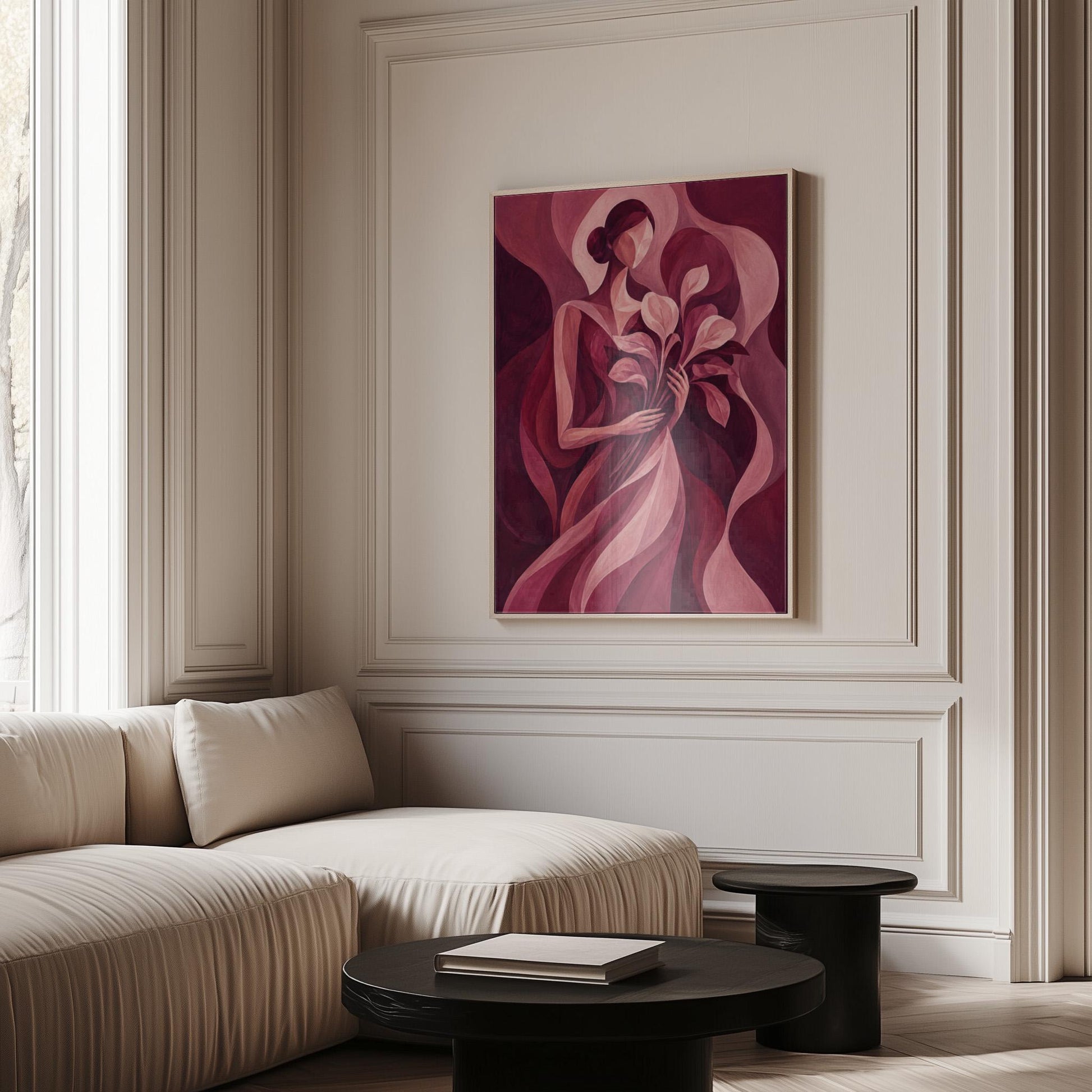 Woman holding tulips among burgundy waves, canvas wall art styled against a soft white wall