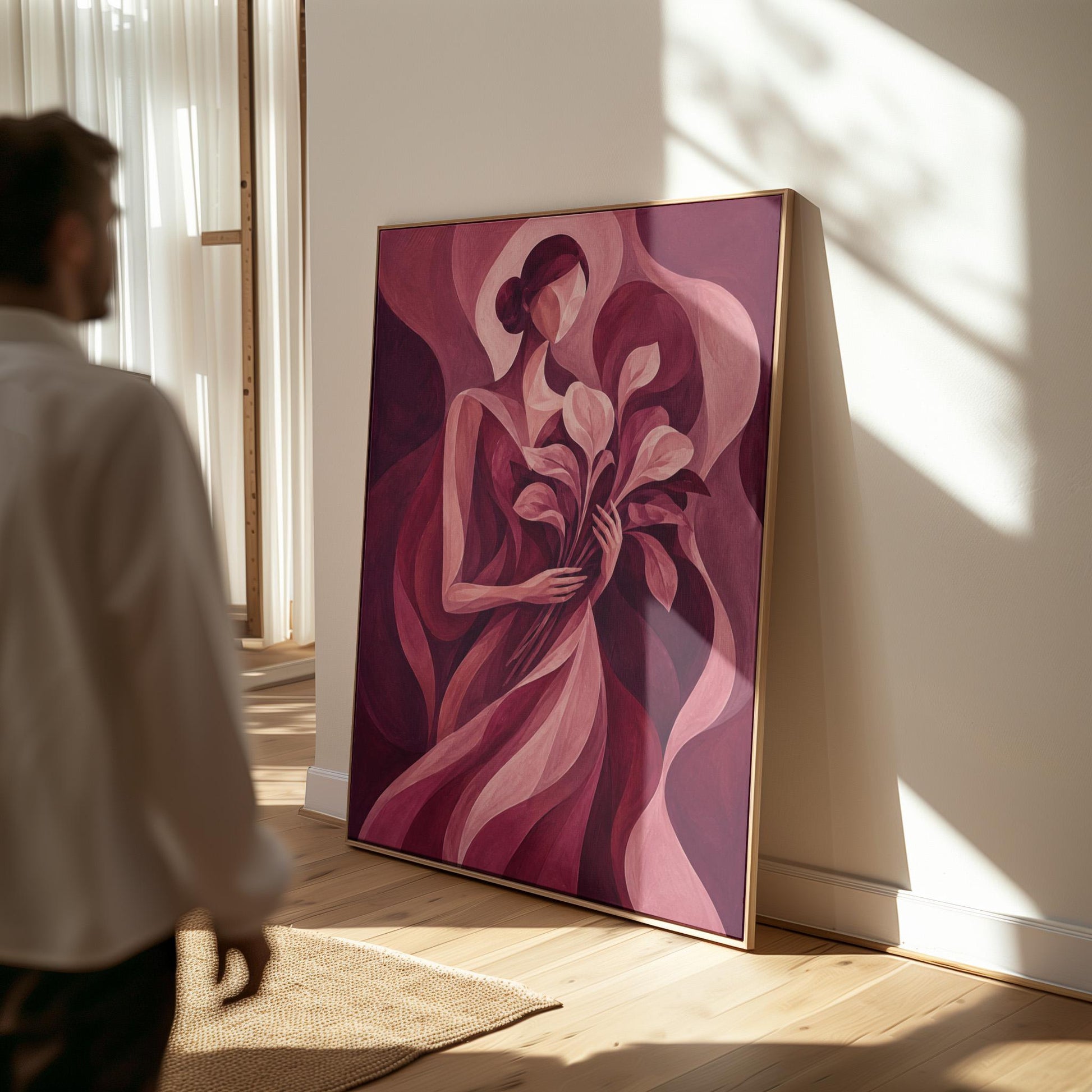 Woman holding tulips among burgundy waves, canvas wall art on a quiet wall in a considered interior