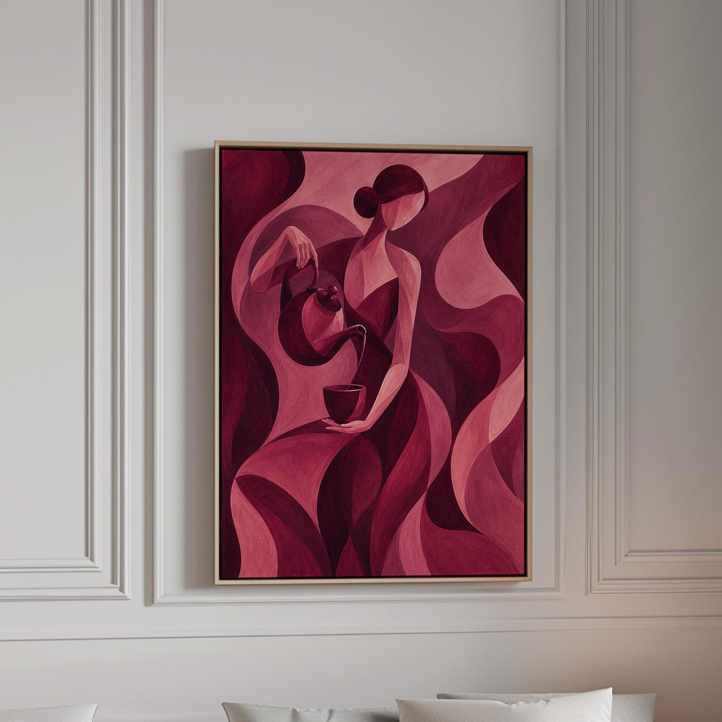 Woman pouring tea in flowing burgundy deco style, canvas print in a bright room with natural daylight