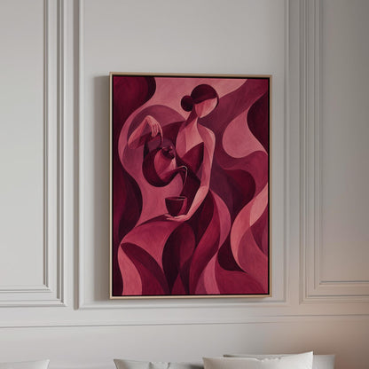 Woman pouring tea in flowing burgundy deco style, canvas print in a bright room with natural daylight