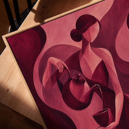Woman pouring tea in flowing burgundy deco style, canvas print in a warm, minimally styled interior