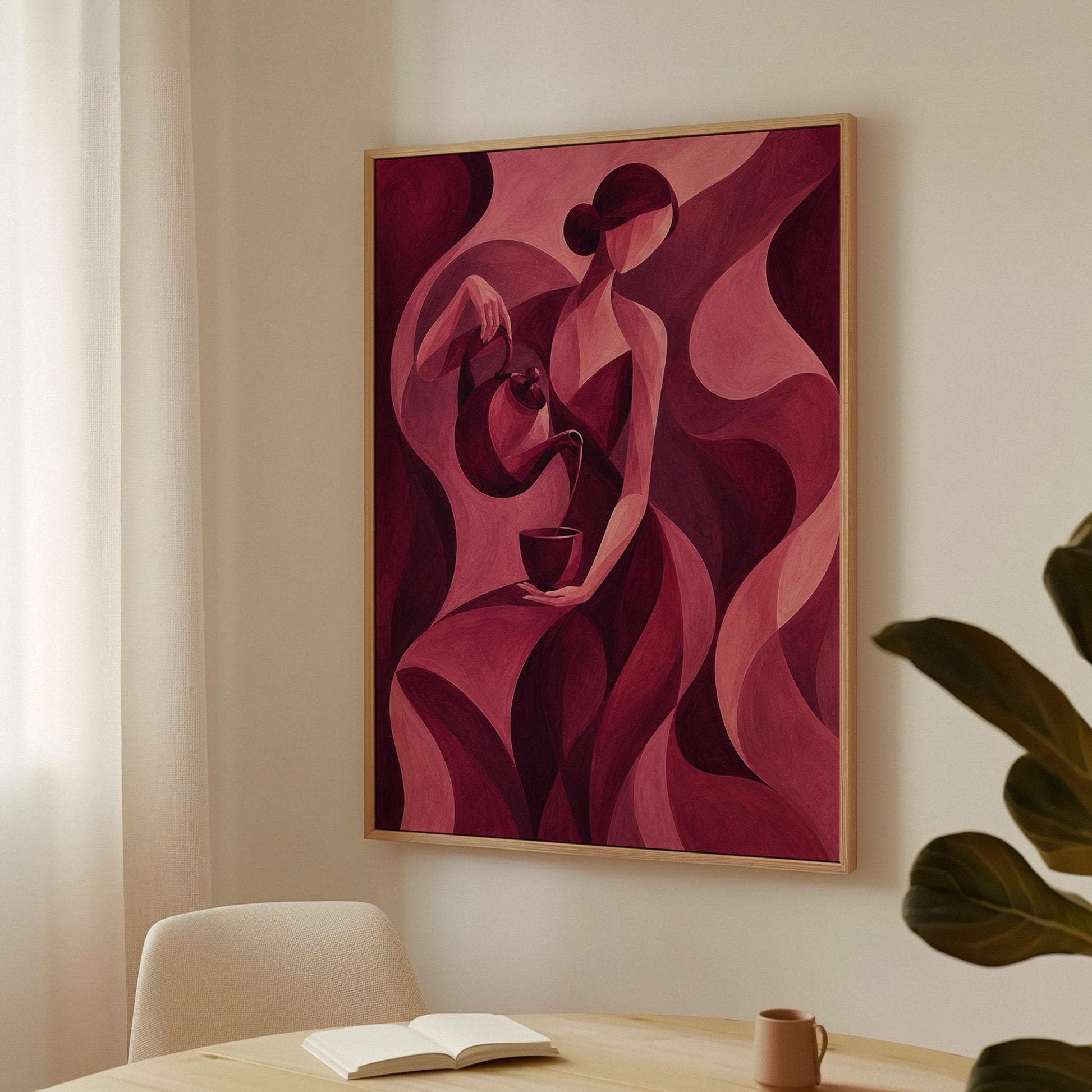 Woman pouring tea in flowing burgundy deco style, canvas print hanging in a calm, modern living space