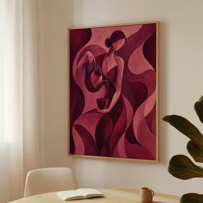 Woman pouring tea in flowing burgundy deco style, canvas print hanging in a calm, modern living space