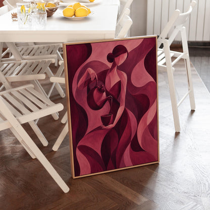 Woman pouring tea in flowing burgundy deco style, canvas print presented in a light, minimal room