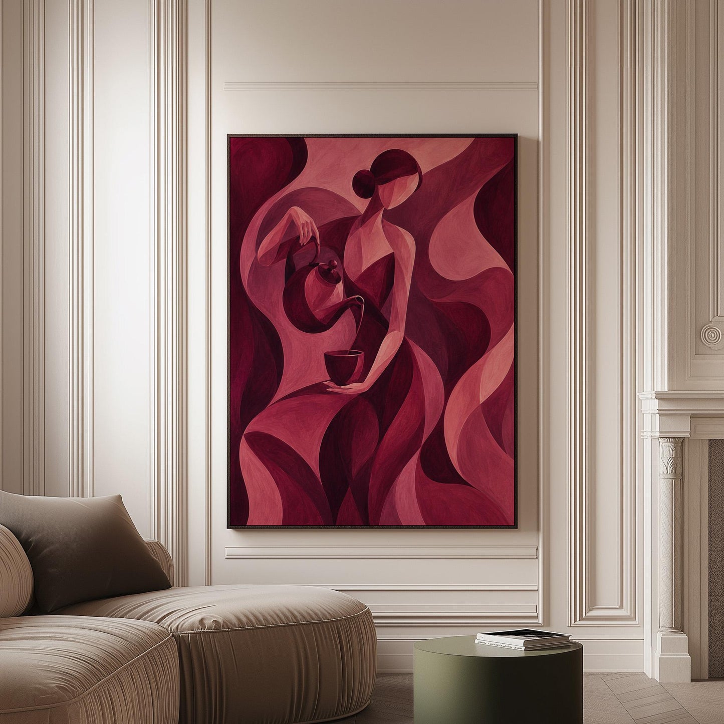 Woman pouring tea in flowing burgundy deco style, canvas print on a softly lit wall in a calm interior