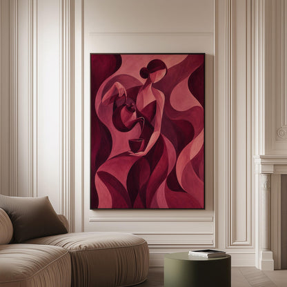 Woman pouring tea in flowing burgundy deco style, canvas print on a softly lit wall in a calm interior