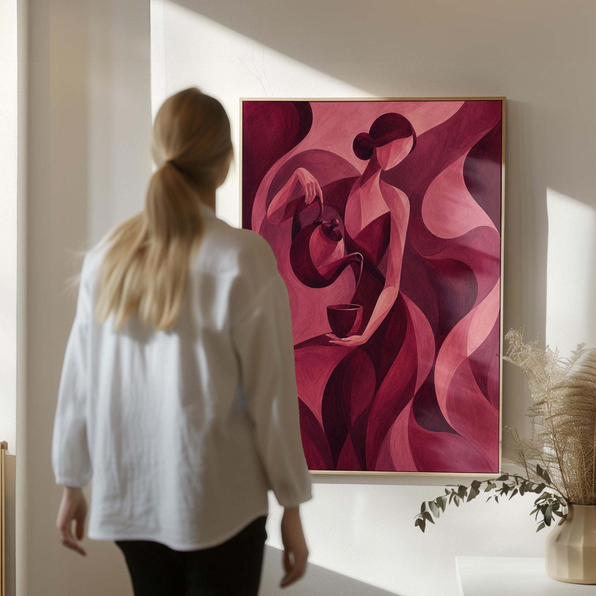 Woman pouring tea in flowing burgundy deco style, canvas wall art seen in a warm interior with natural light