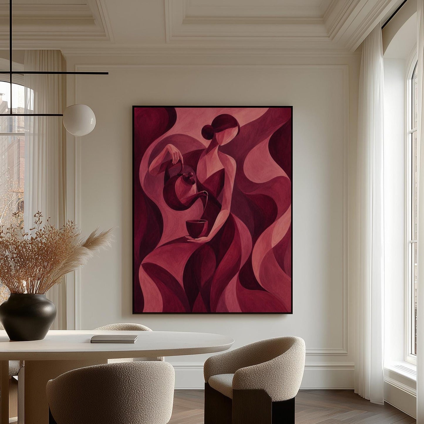 Woman pouring tea in flowing burgundy deco style, canvas wall art presented in a light, minimal room