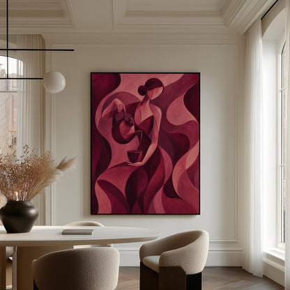 Woman pouring tea in flowing burgundy deco style, canvas wall art presented in a light, minimal room