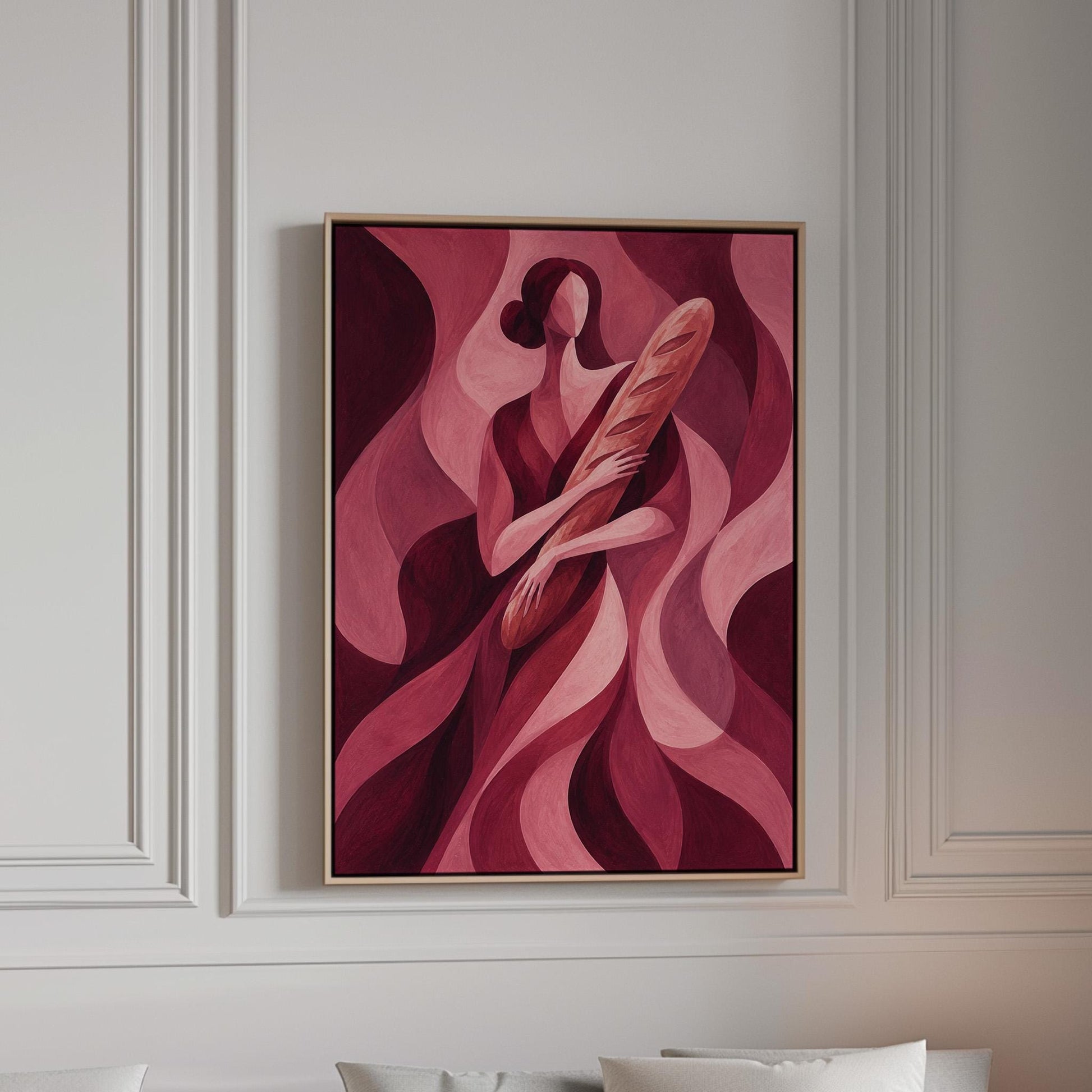 Woman holding baguette in burgundy deco style, canvas print in a bright room with natural daylight