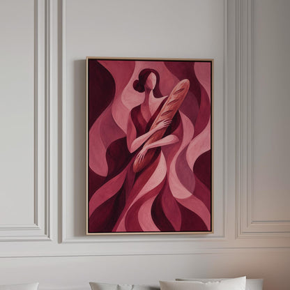 Woman holding baguette in burgundy deco style, canvas print in a bright room with natural daylight