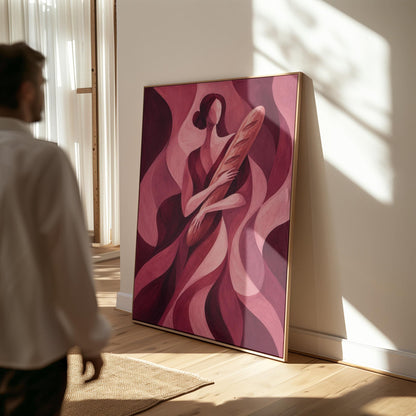 Woman holding baguette in burgundy deco style, canvas print seen in a warm interior with natural light