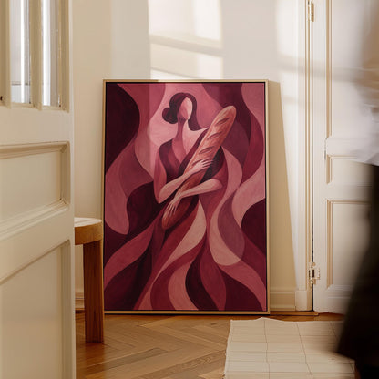 Woman holding baguette in burgundy deco style, canvas print displayed on a neutral wall in a styled interior