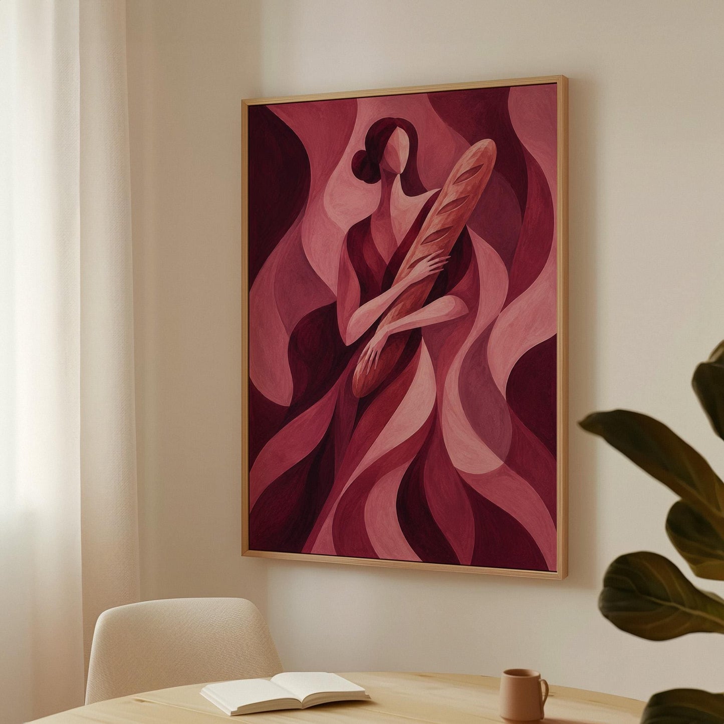 Woman holding baguette in burgundy deco style, canvas print shown in a sunlit, contemporary room